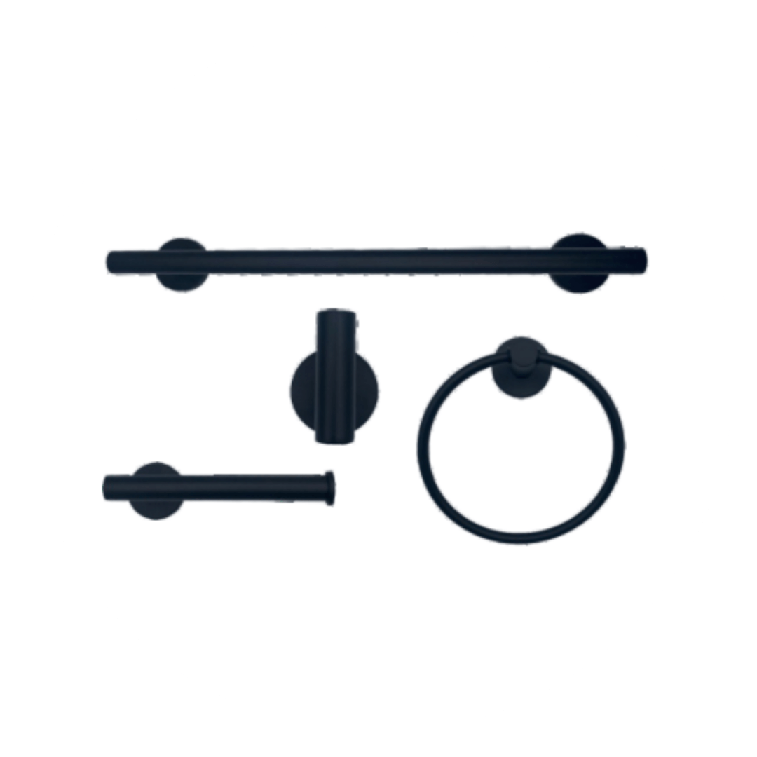 Kit de acessórios para banheiro na cor preta (black matte), contendo porta-toalha de barra, argola, papeleira e cabide. Conjunto moderno de metais sanitários.