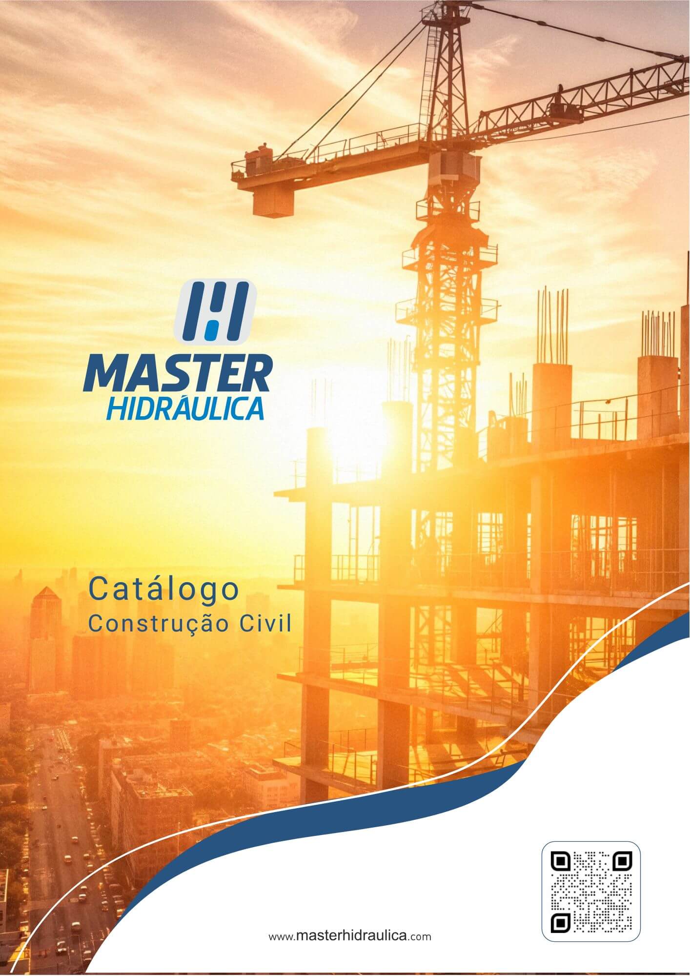 Capa do Catálogo Construção Civil 2026 da Master Hidráulica. Imagem de um canteiro de obras com guindaste e estrutura de prédio ao pôr do sol.