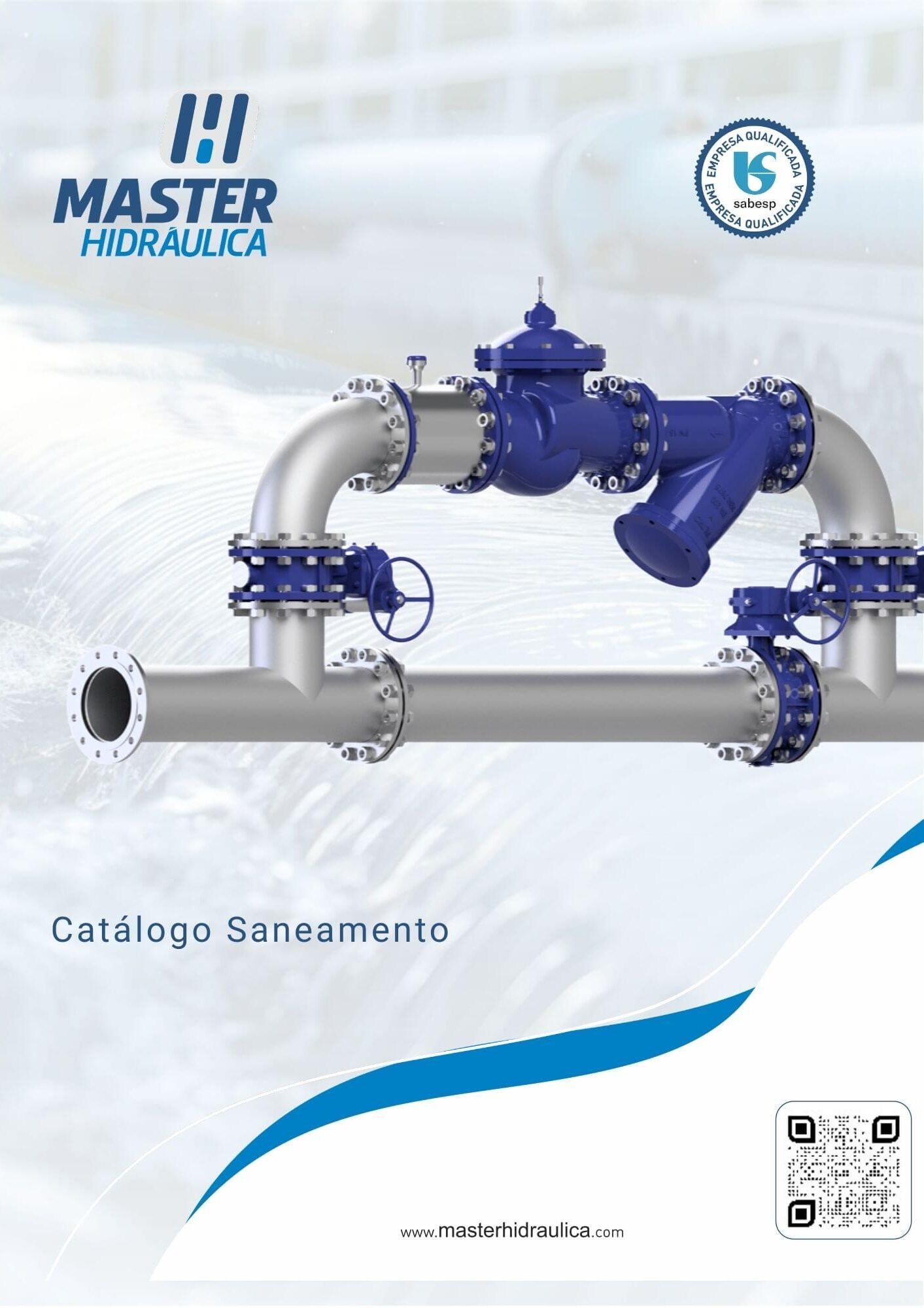 Capa do Catálogo 2026 da Master Hidráulica. Ilustração de conjunto de válvulas industriais complexo e destaque para o selo de Empresa Qualificada Sabesp.
