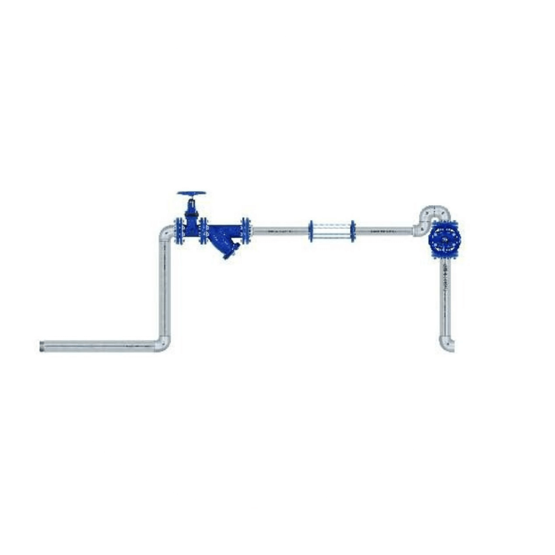 Cavalete hidráulico metálico padrão SABESP, composto por tubulação galvanizada, registros de gaveta azuis e conexões, pronto para instalação de hidrômetro em obras de saneamento.