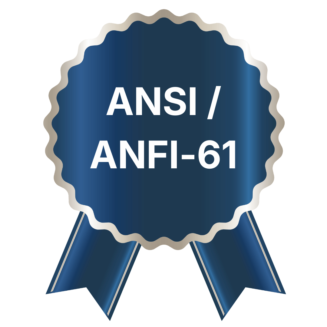 Selo de certificação azul com a inscrição ANSI / ANFI-61. Norma internacional que regula componentes de sistemas de água potável.