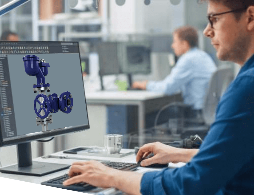 Engenheiro projetista trabalhando em software CAD 3D, desenvolvendo uma válvula hidráulica industrial personalizada. Ilustração do setor de engenharia e soluções sob medida da Master Hidráulica.