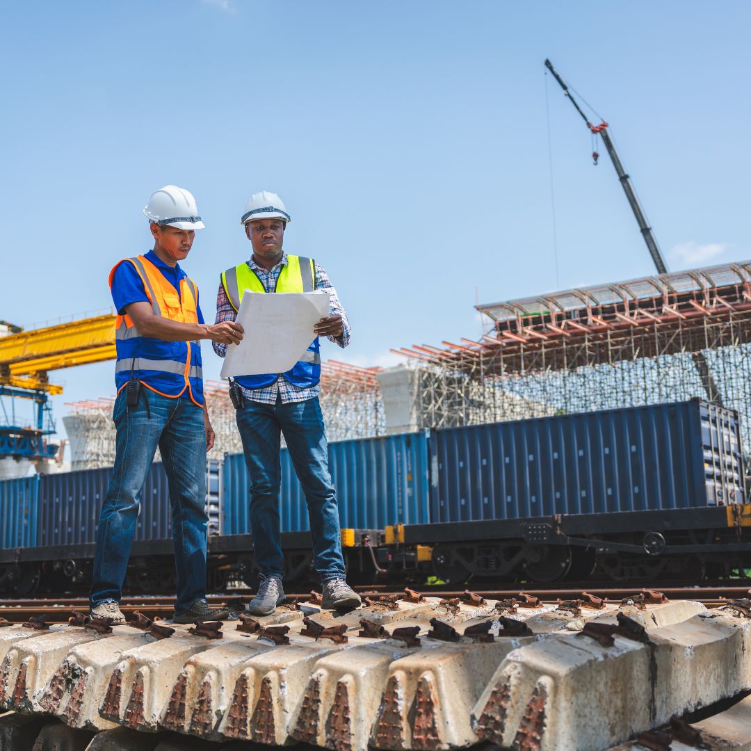 Dois engenheiros civis analisando planta de projeto em canteiro de obras de infraestrutura, vestindo EPIs e capacetes brancos. Ilustra o suporte técnico de campo da Master Hidráulica.