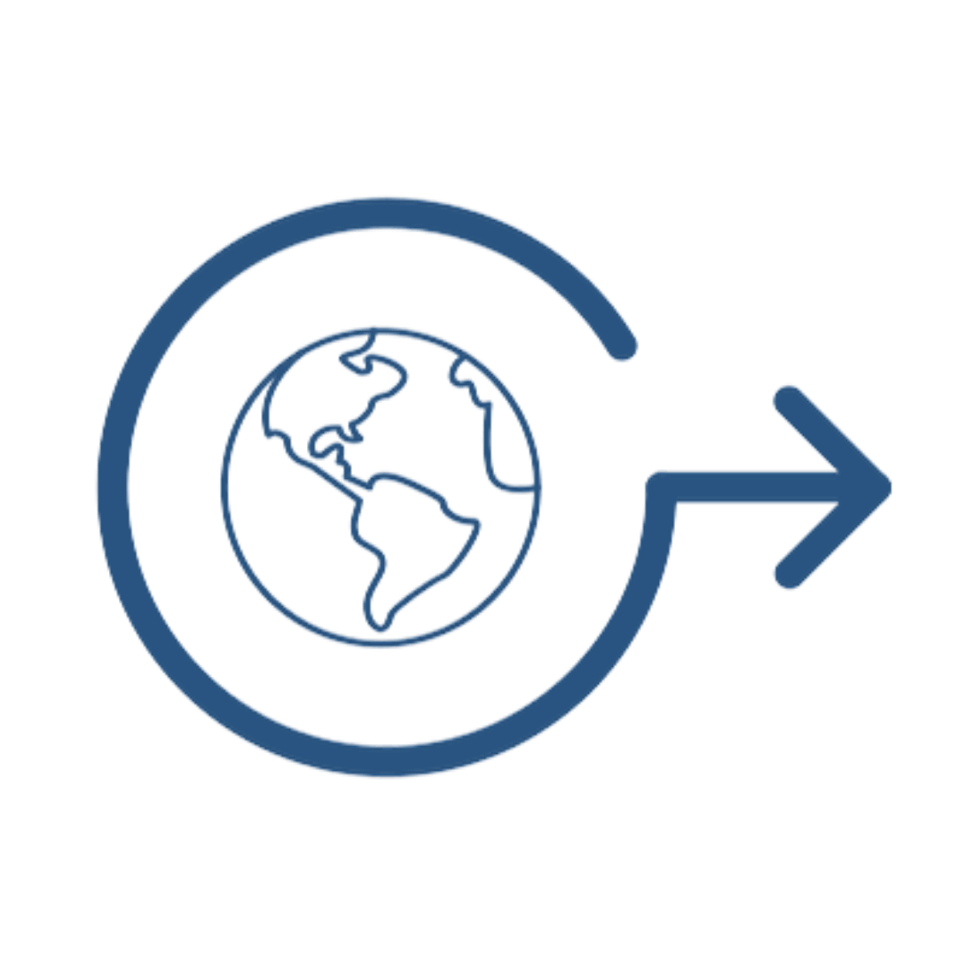 Ícone azul linear de um globo terrestre com uma seta indicando expansão e logística. Simboliza a atuação em todo o território nacional e a capacidade de exportação.