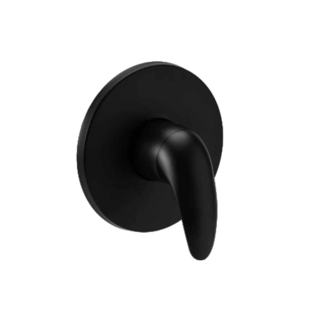 Acabamento de registro monocomando redondo na cor preta (black matte), ilustrando a linha de misturadores e acabamentos com design premium da Master Hidráulica.