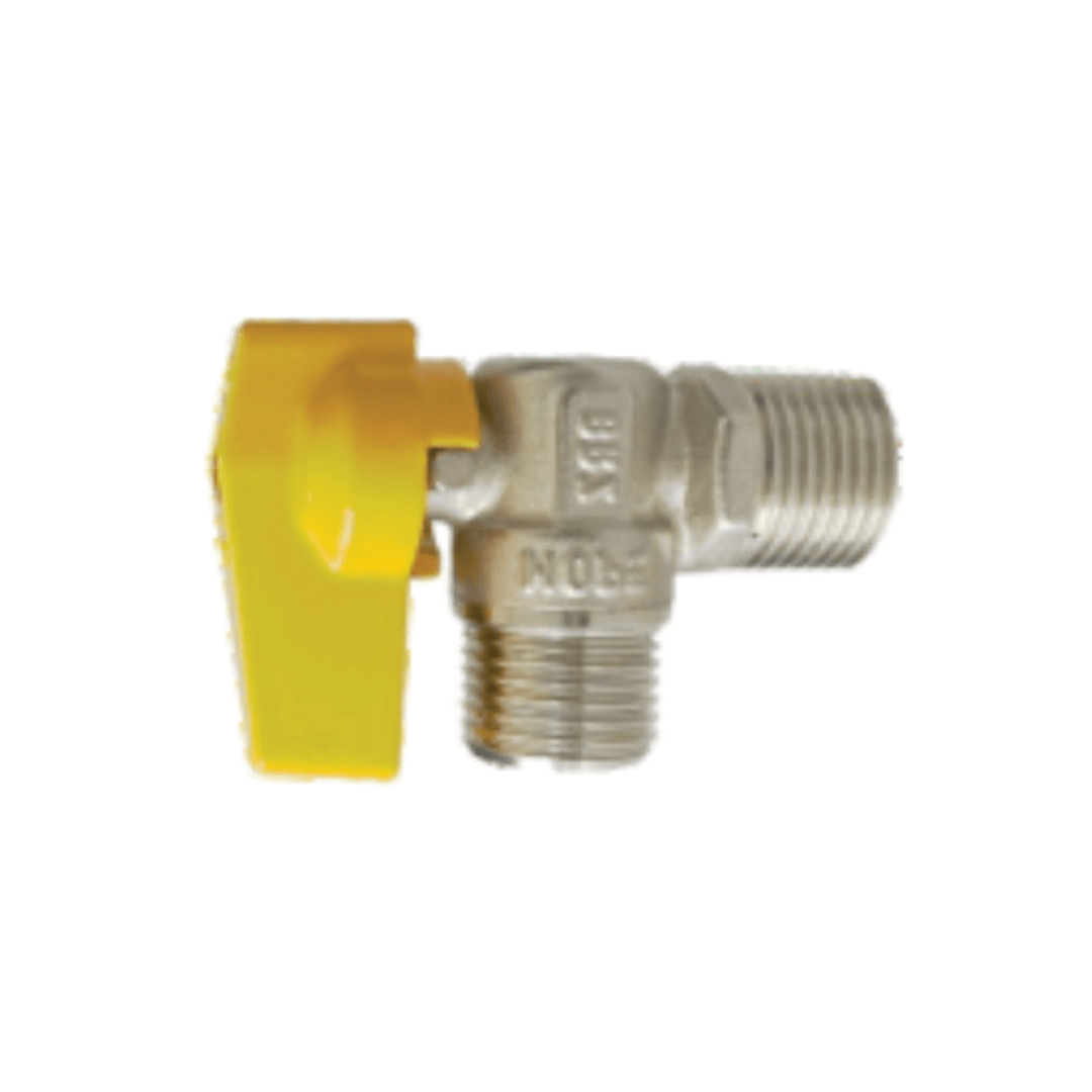 Válvula angular para gás com alavanca amarela, ilustrando as conexões do sistema PEX multicamada para redes de gás seguras.