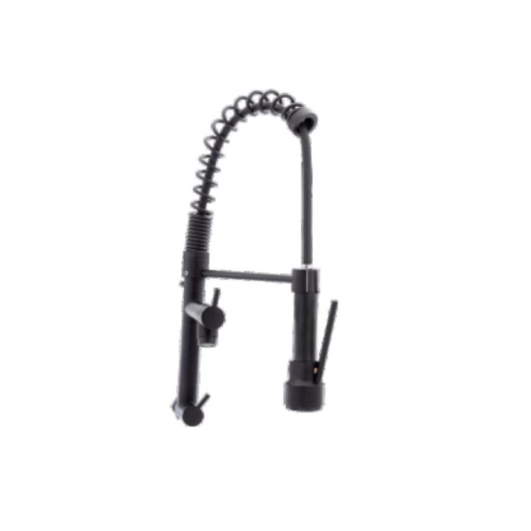 Torneira gourmet preta para cozinha com ducha flexível em mola e misturador monocomando, representando a linha de torneiras diversas e metais sanitários da Master Hidráulica.